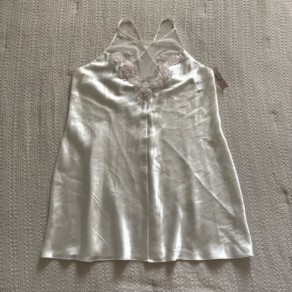 Vintage coquette white slip dress with baby pink floral embroidery